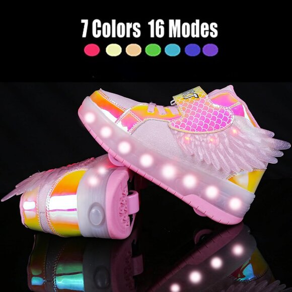 Kid's Girls Pink USB Chargable LED Lighting Roller Wheeled Skate Sneaker Shoes - Picture 3 of 7